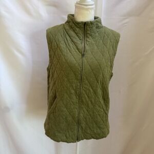 Eileen Fisher Vest Women's Size L Green Cotton Diamond Quilted Full Zip Pockets